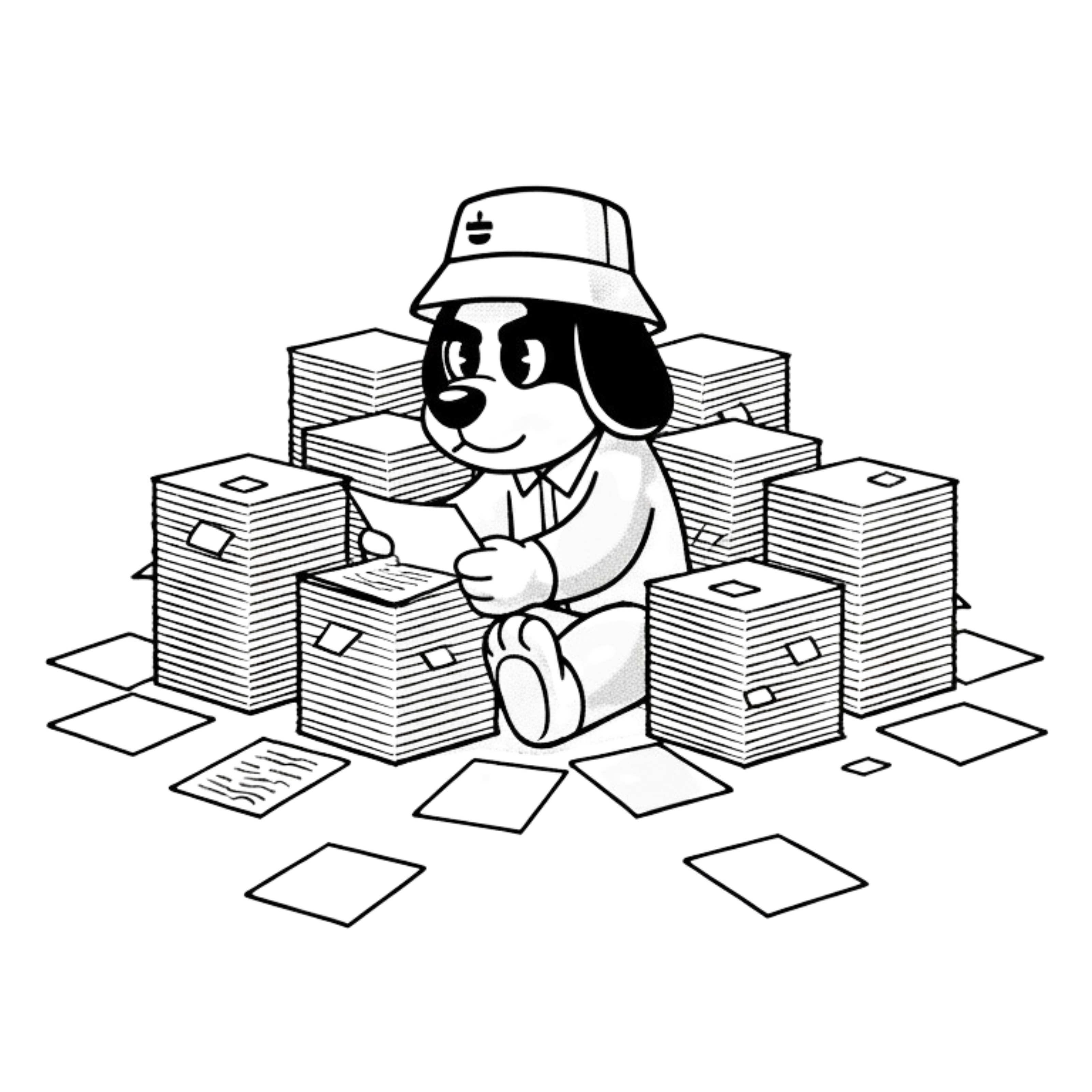 PROCESSING: Total Audio Promo mascot organising papers professionally